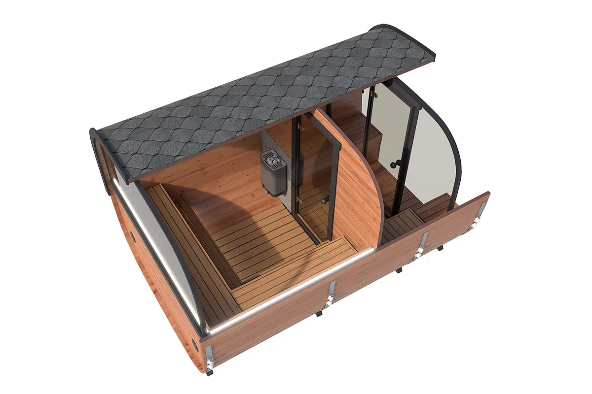 Square shaped modern barrel sauna - cross section
