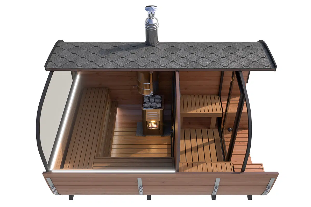 Square shaped modern barrel sauna - room layout