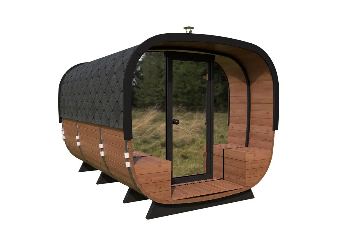 Square shaped modern barrel sauna - full glass front wall