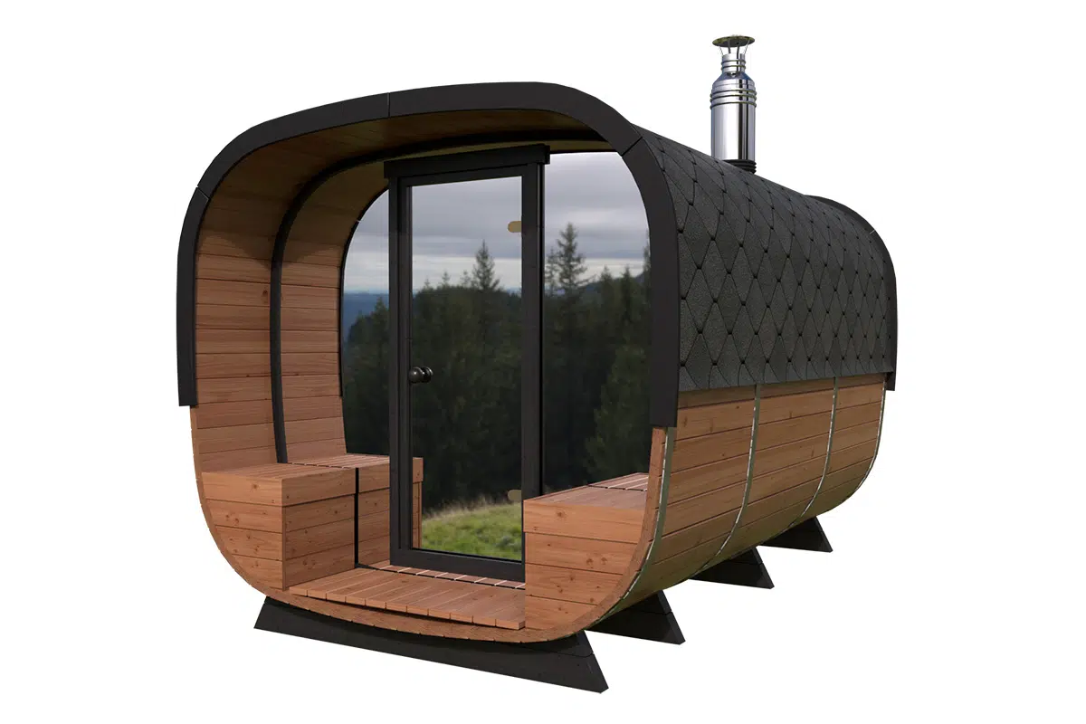 Square shaped modern barrel sauna - full glass wall