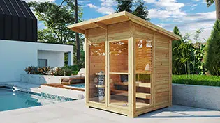 Small wooden garden sauna next to pool