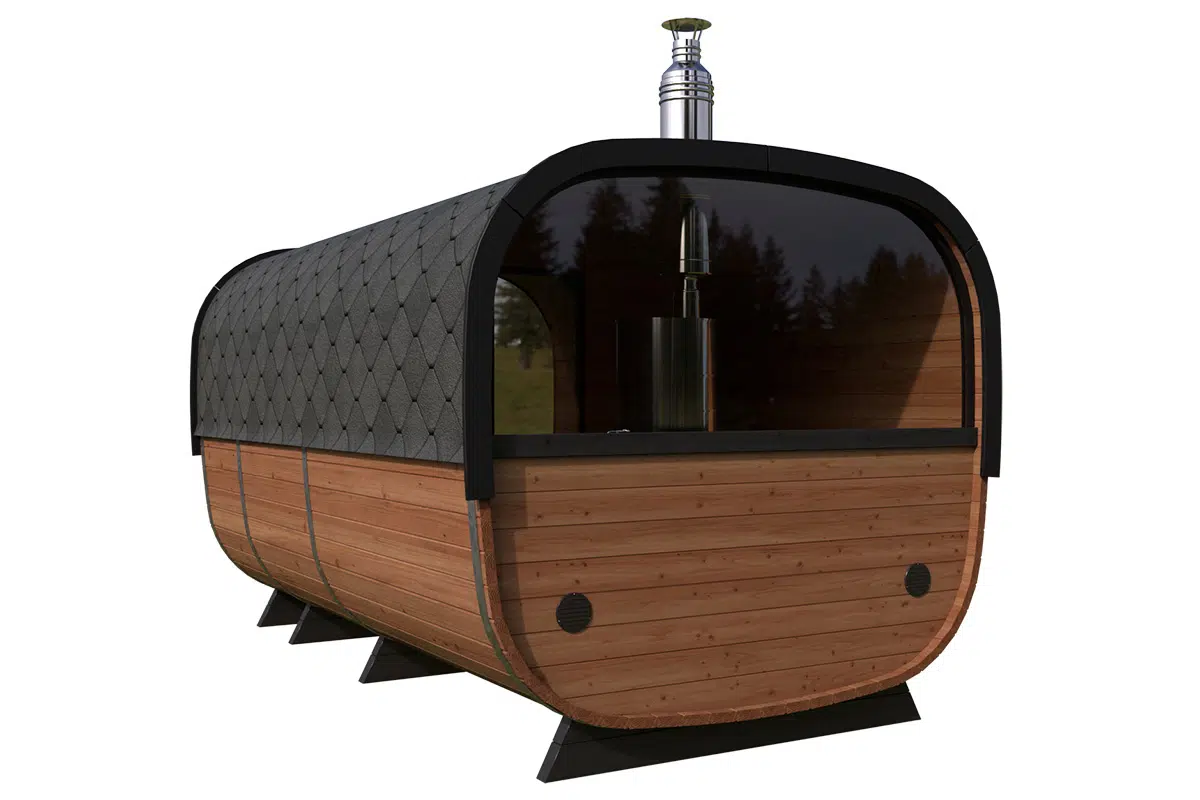 Large contemporary barrel sauna - hafl glass wall