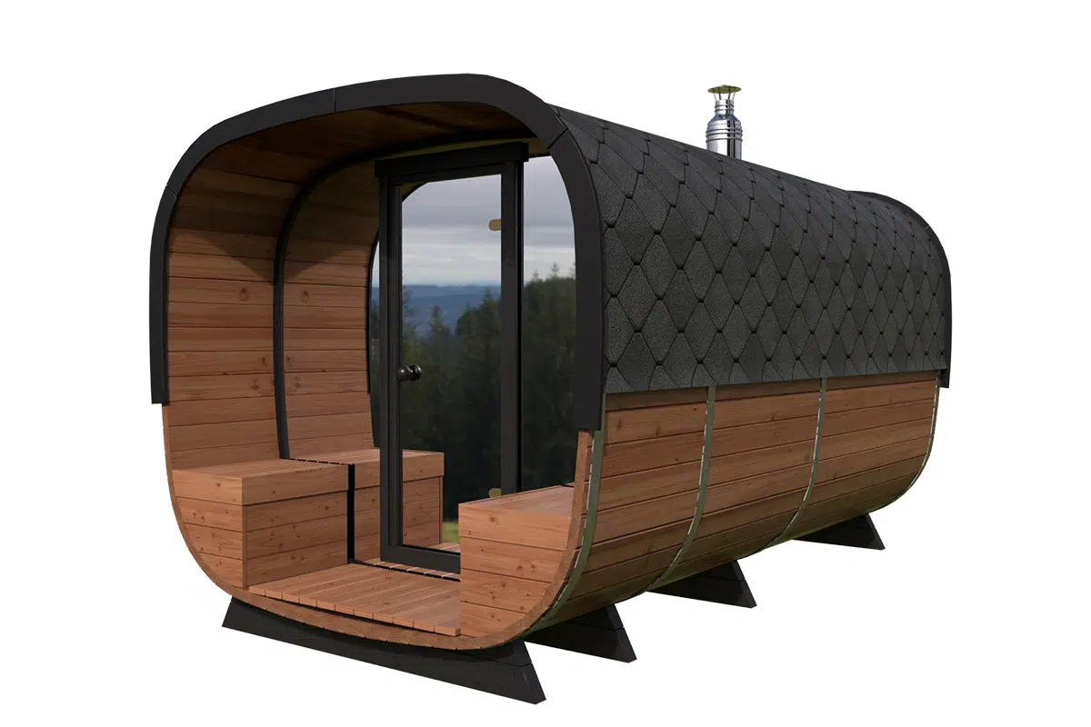 Large contemporary barrel sauna - mirror glass front wall