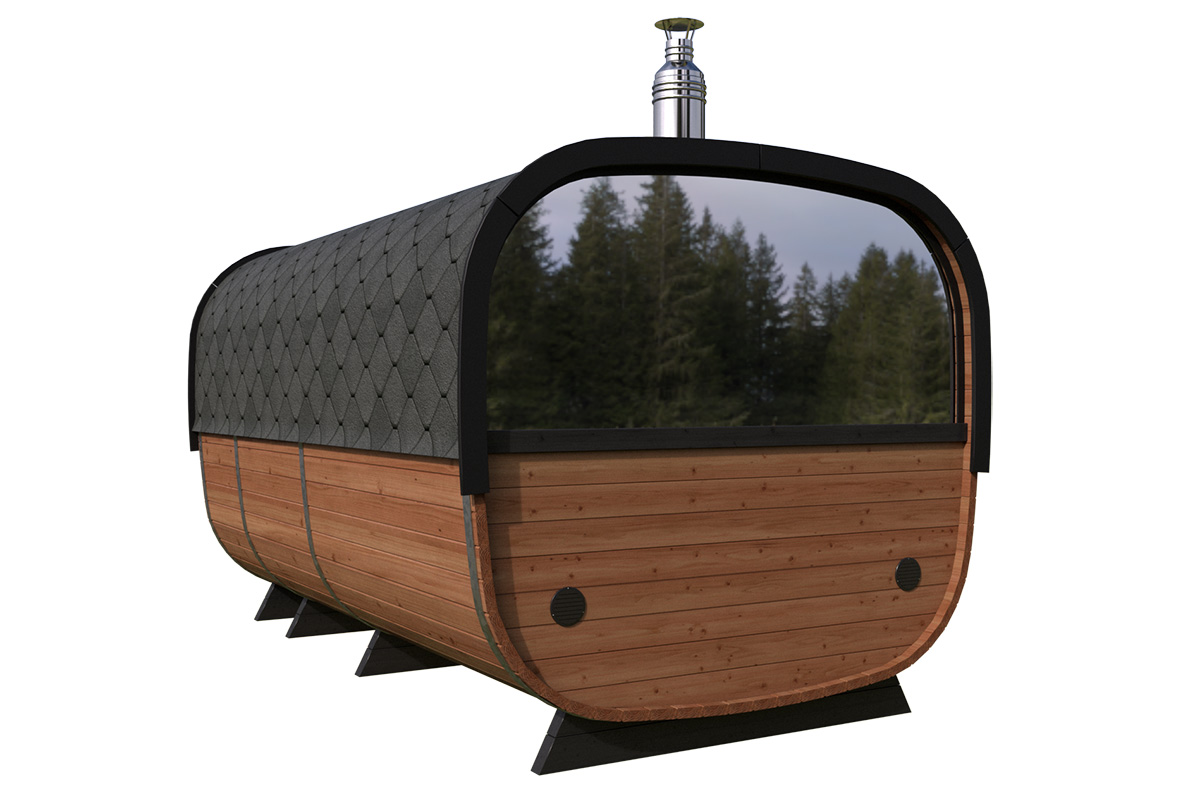 Large contemporary barrel sauna - mirror glass