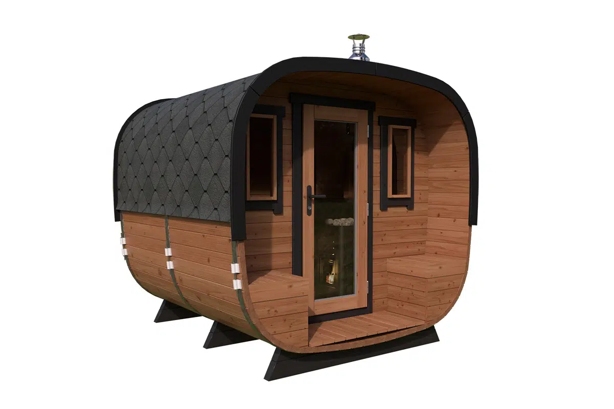 Small modern design barrel sauna - front