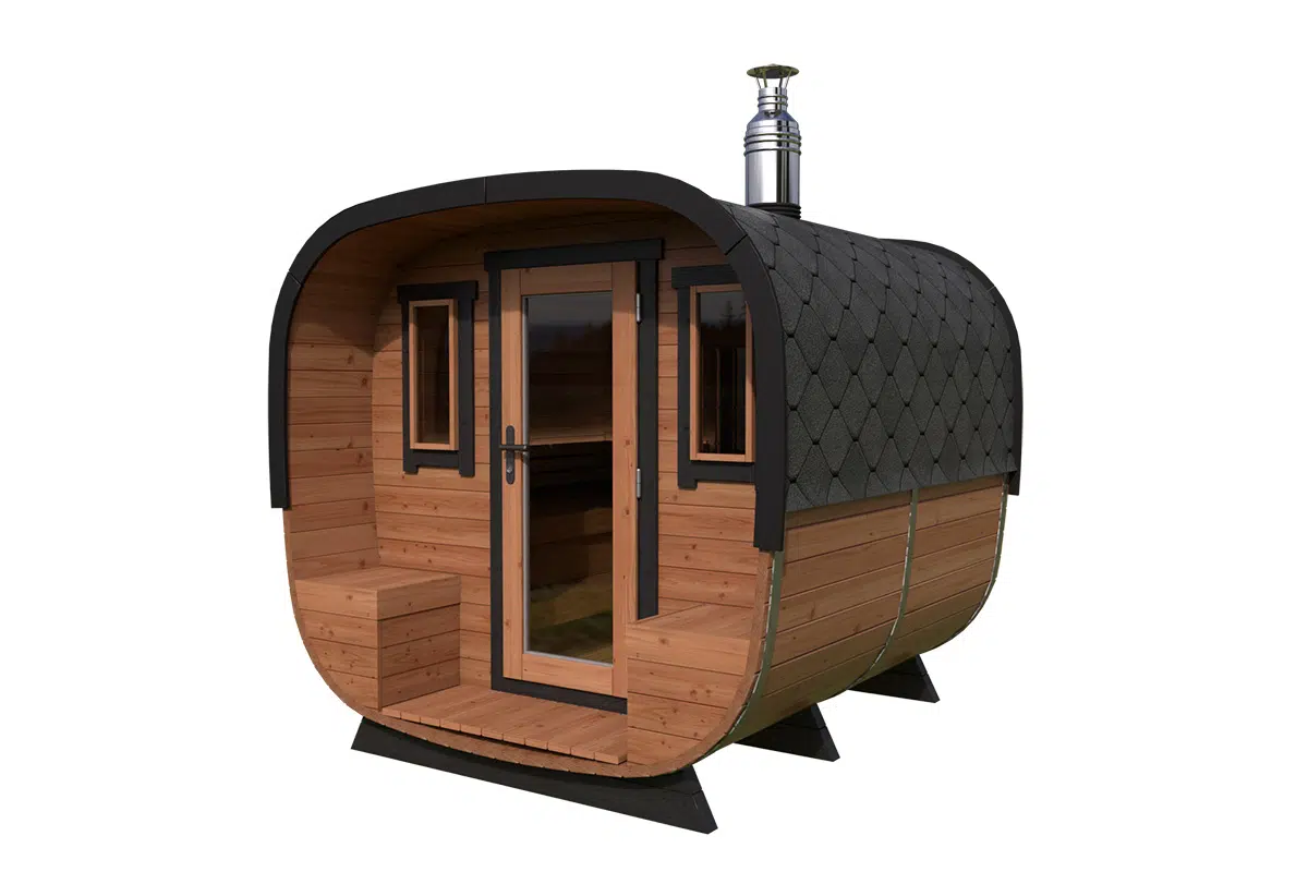 Small modern design barrel sauna - front