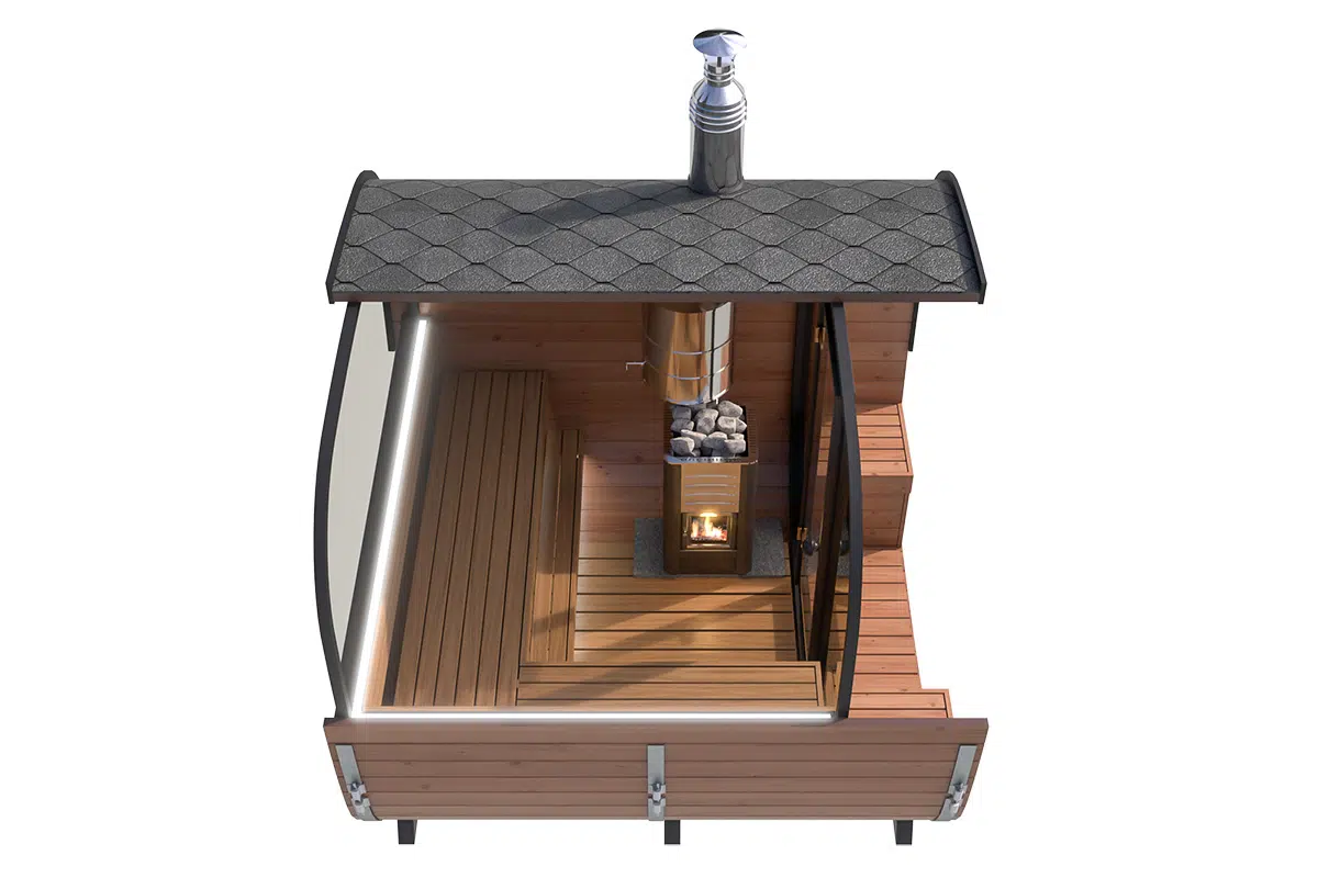 Small modern design barrel sauna - cross section