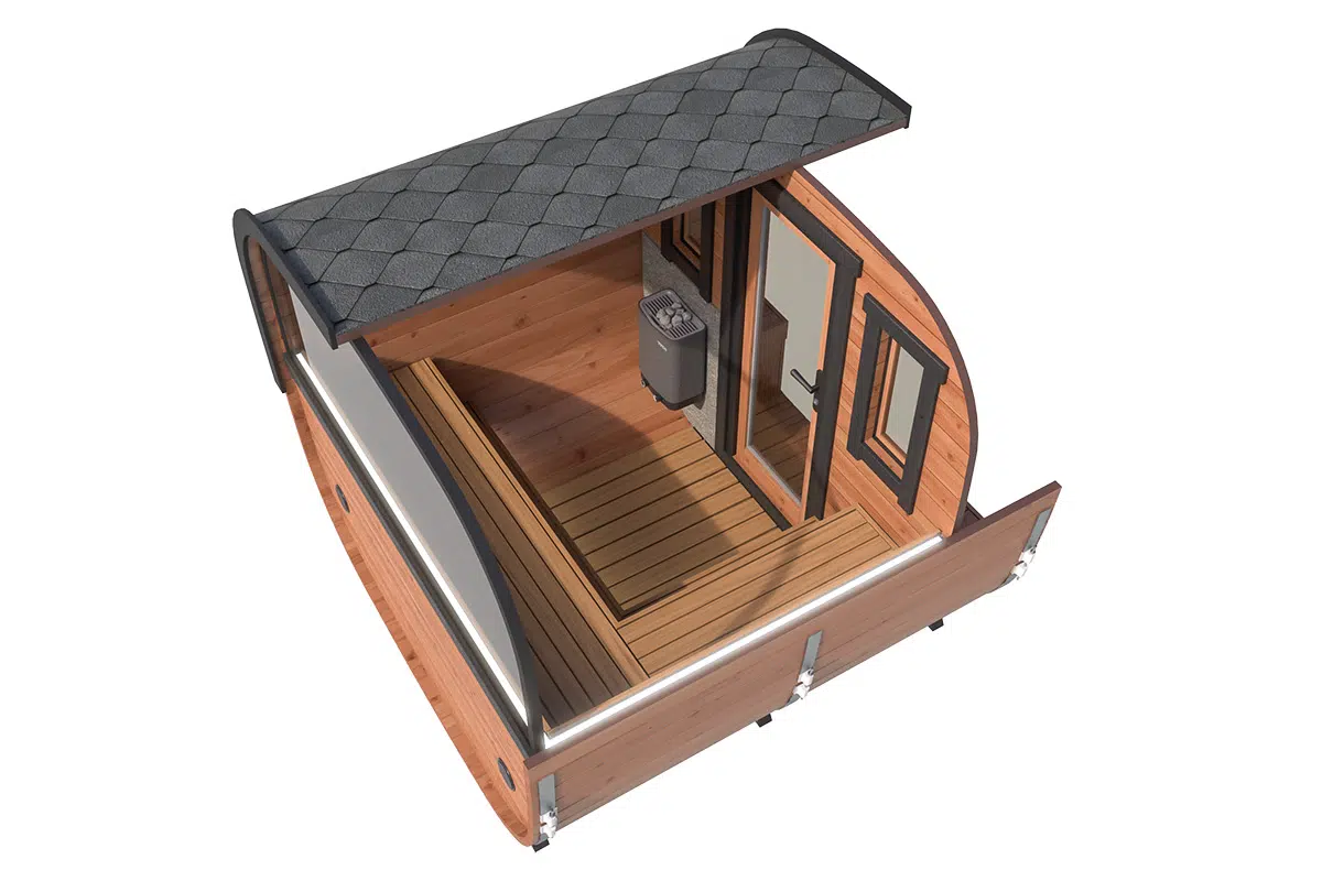 Small modern design barrel sauna - cross section
