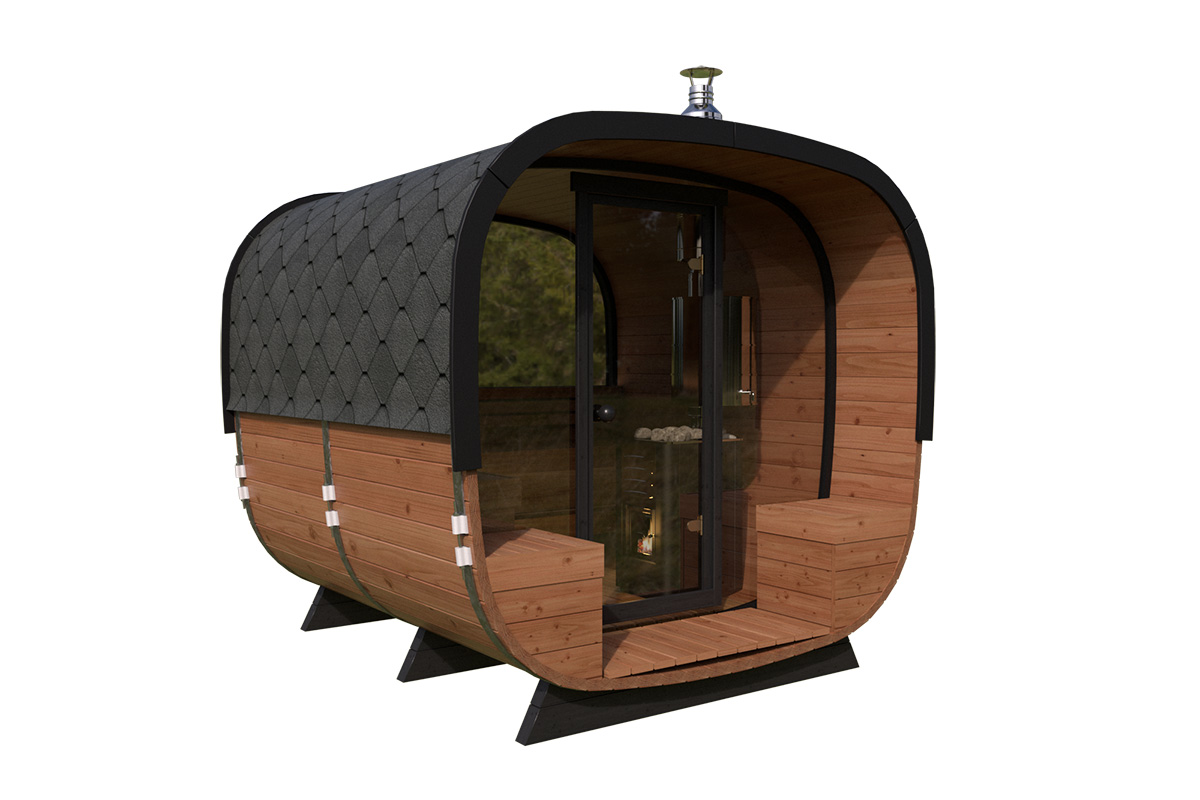 Small modern design barrel sauna - full glass front