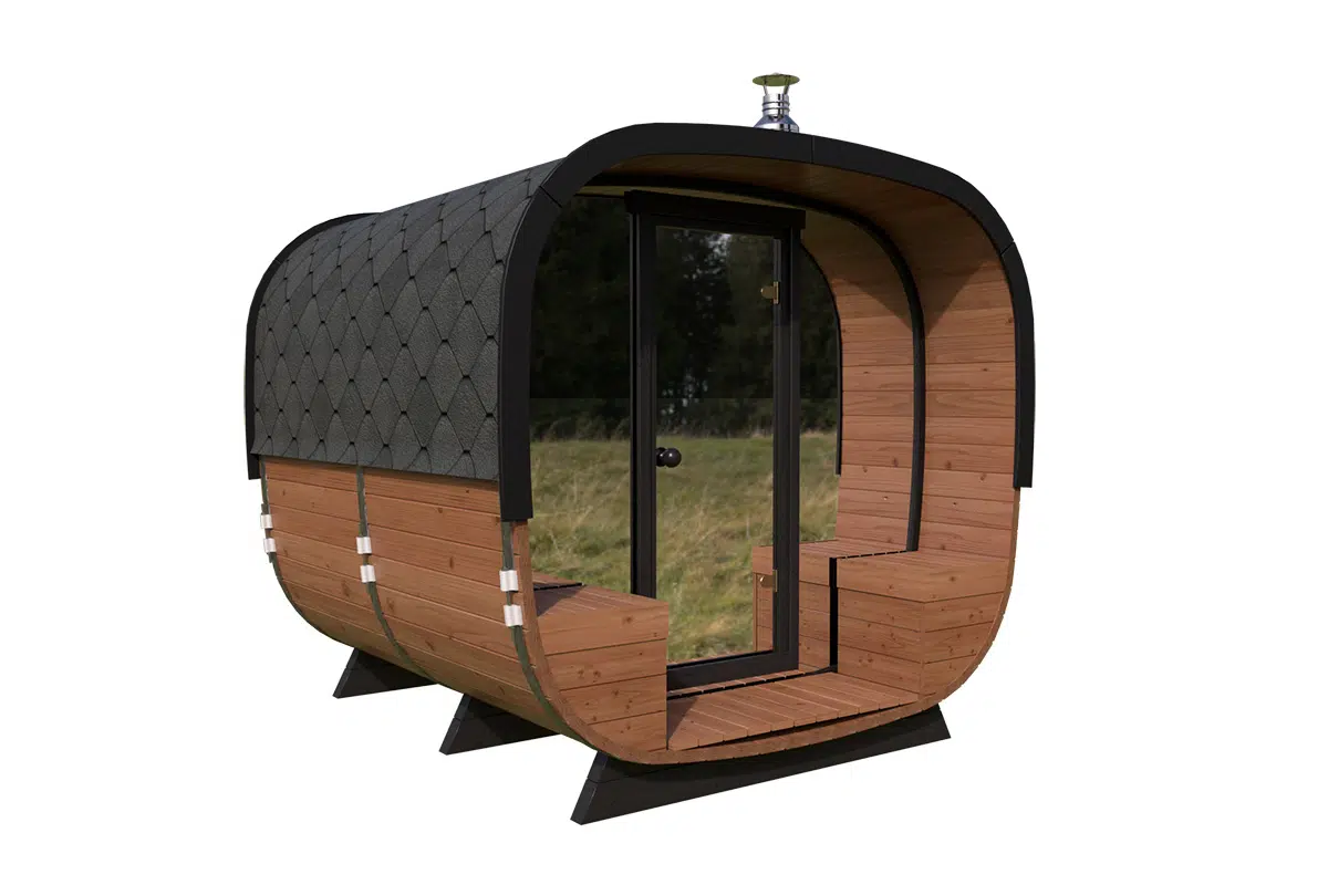 Small modern design barrel sauna - mirror glass front wall