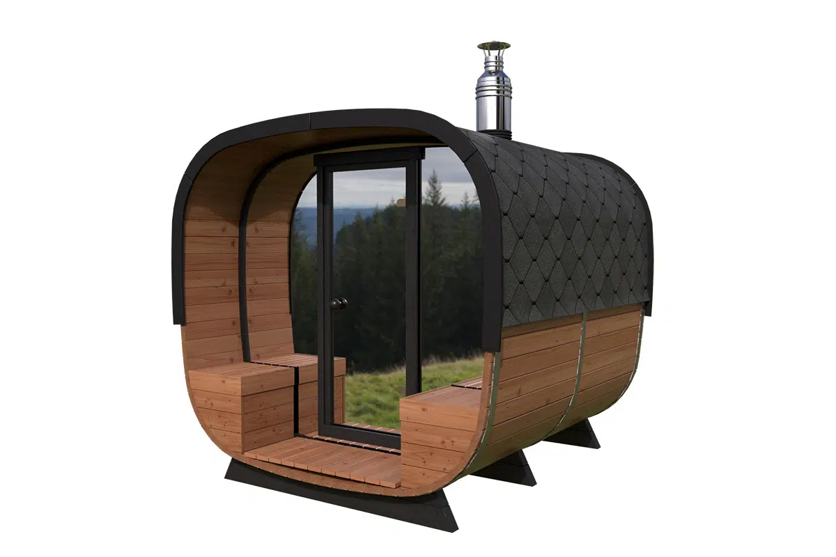 Small modern design barrel sauna - mirror glass front wall