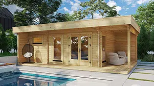 Outdoor sauna next to pool