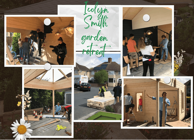 Collage of photos showing the installation of the Sophia summer house