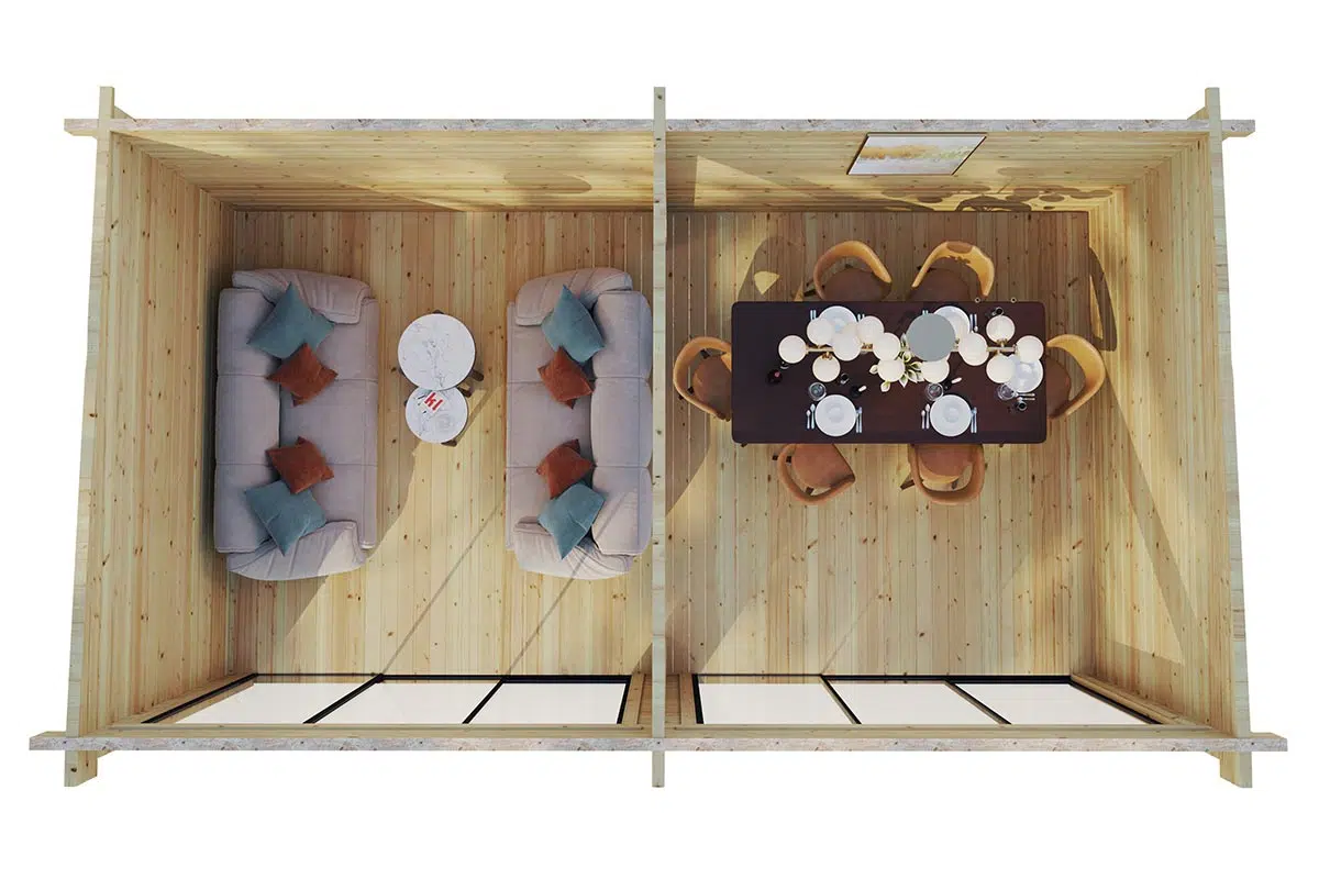 Large spacious wooden garden room top view - room layout