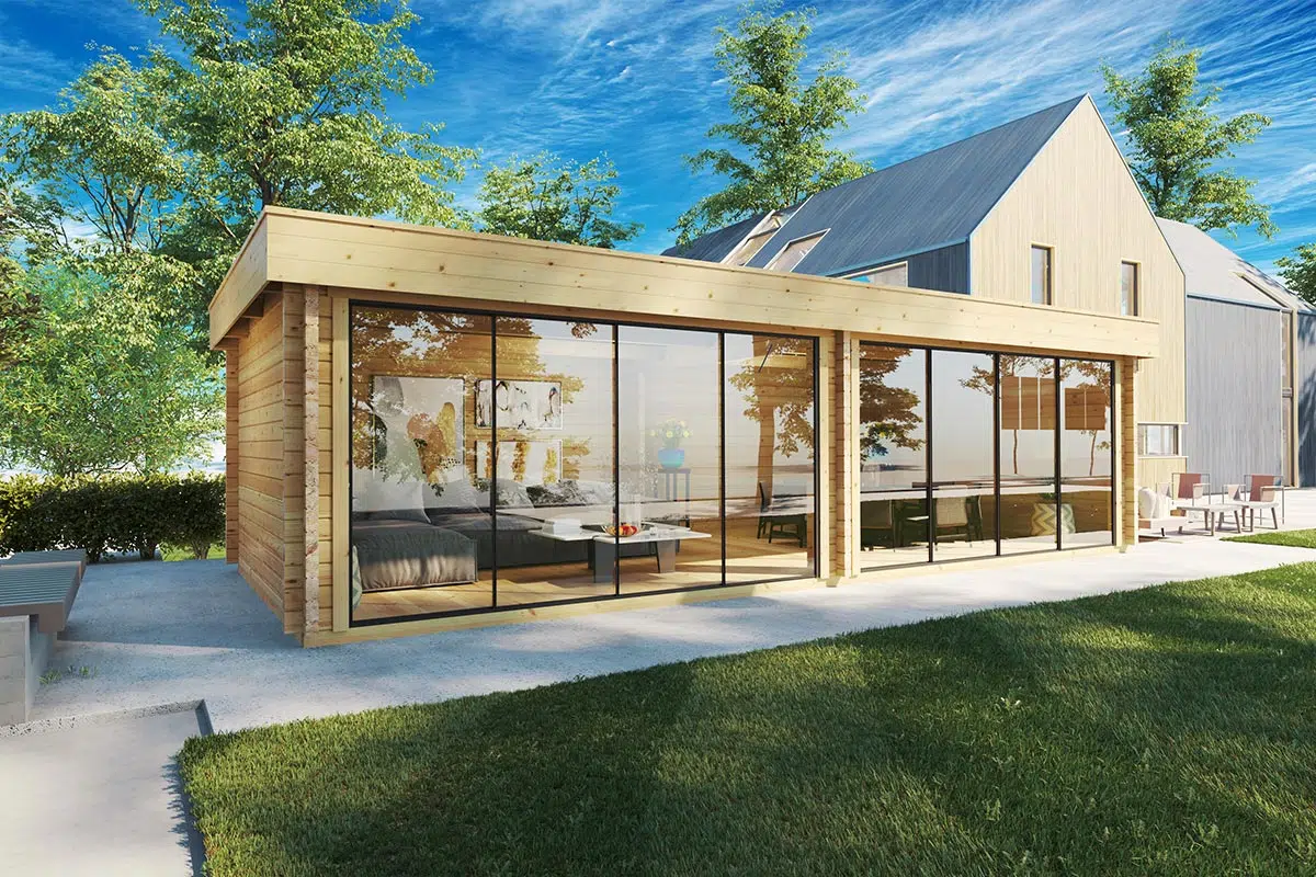 Large modern garden room with 2 big aluminium sliding doors