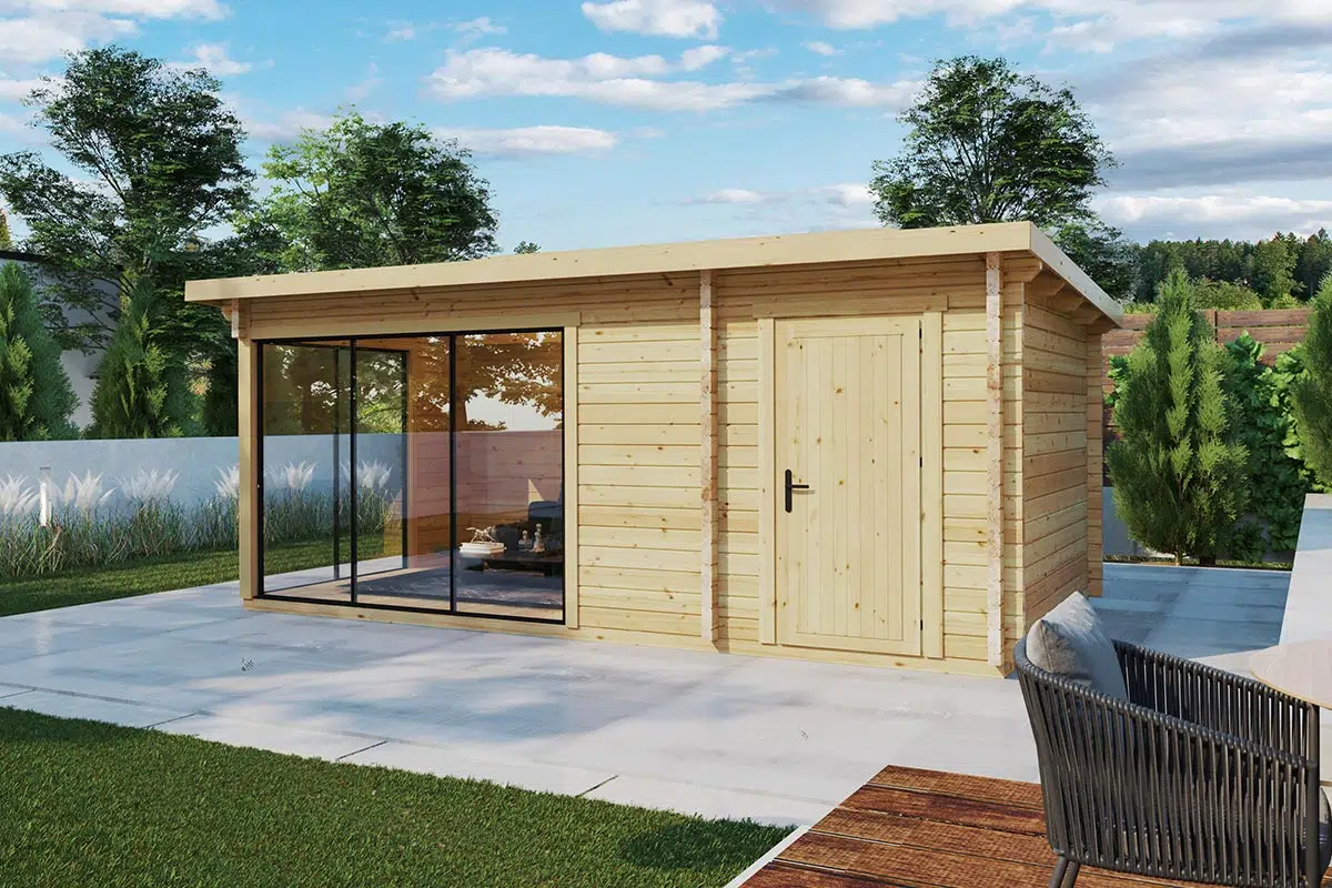 Pent roof modern summer house with side shed and aluminium sliding doors