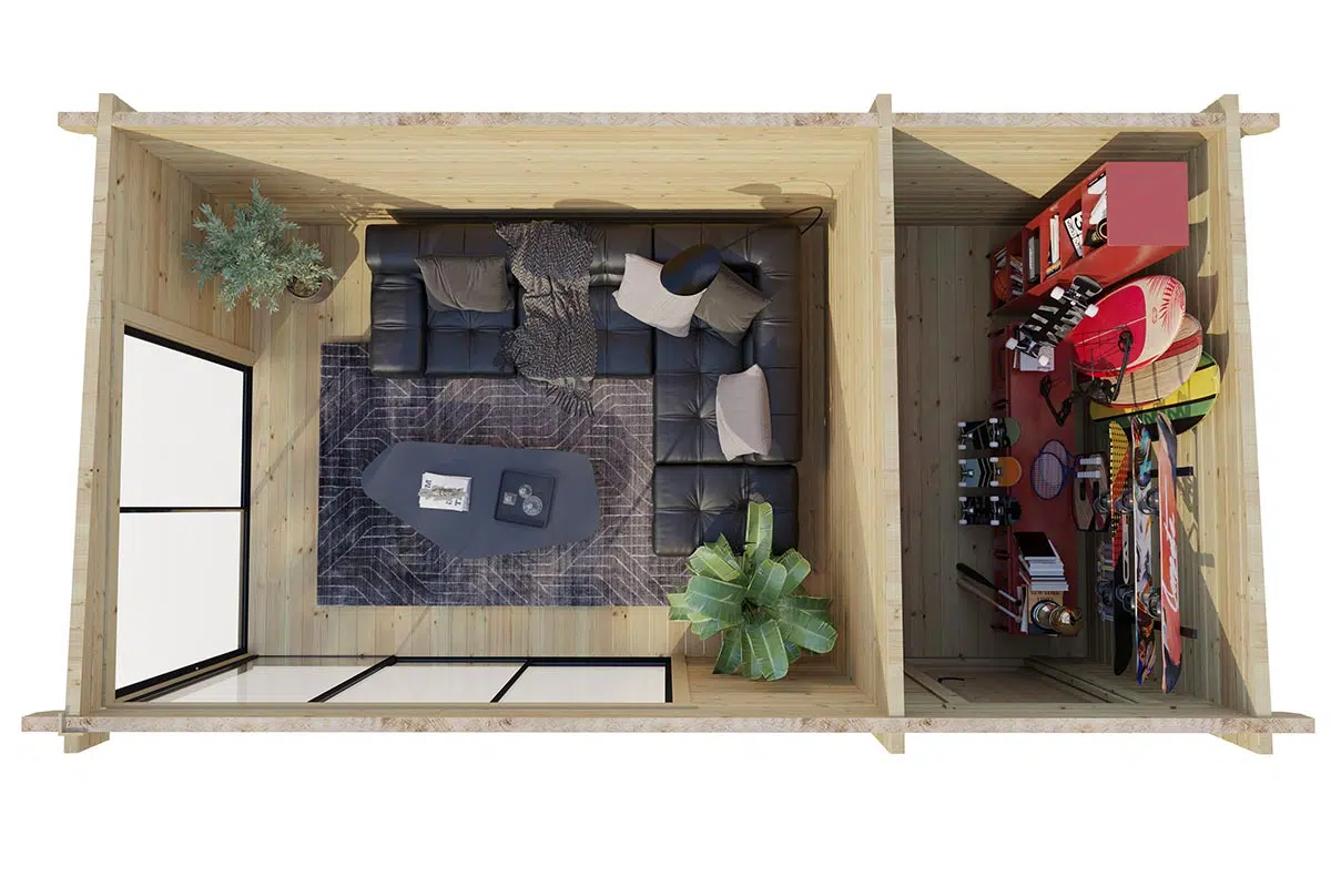 Pent roof modern summer house with side shed and aluminium sliding doors. Top view room layout