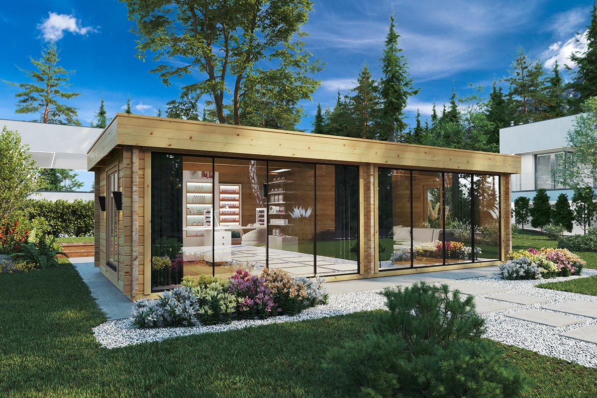 Spacious garden room with large doors and windows