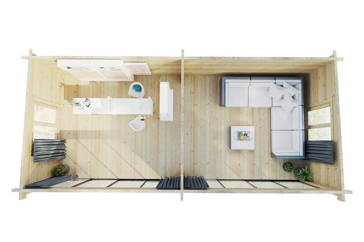 Spacious garden room with large doors and windows - top view room layout