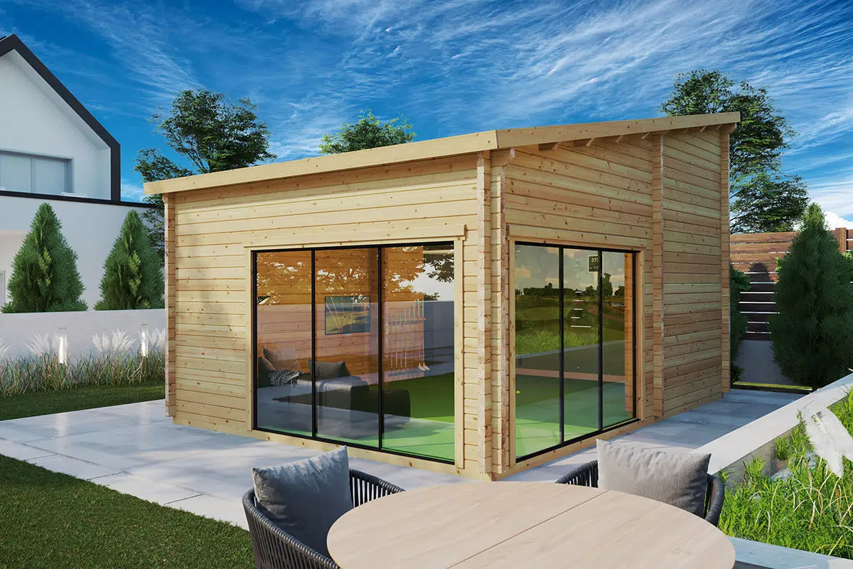 Modern wooden garden golf sim room