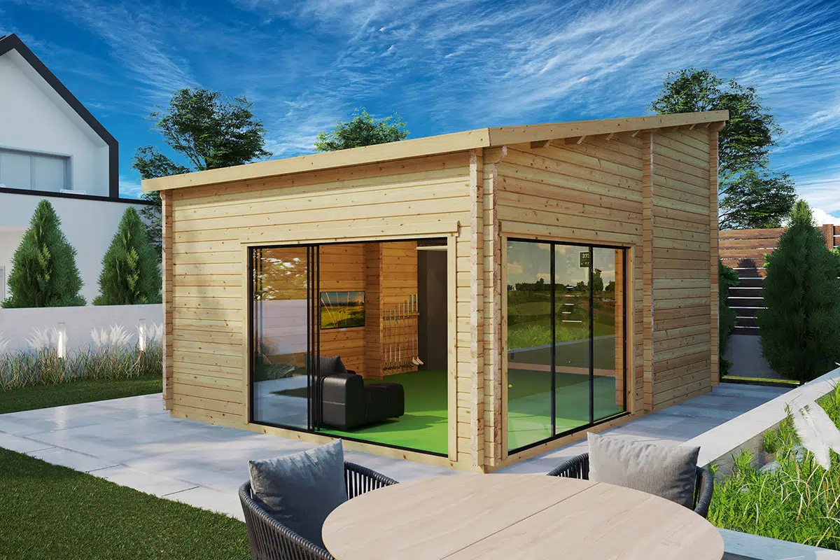 Modern wooden garden golf sim room
