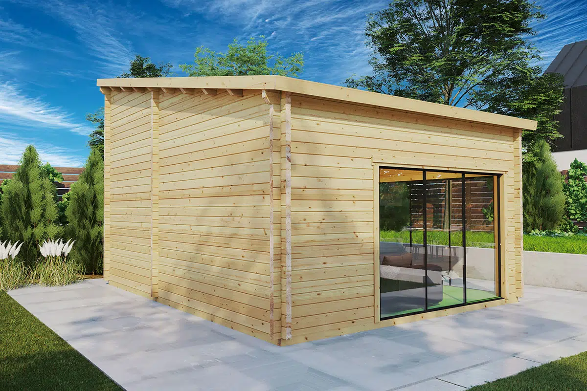 Modern wooden garden golf sim room
