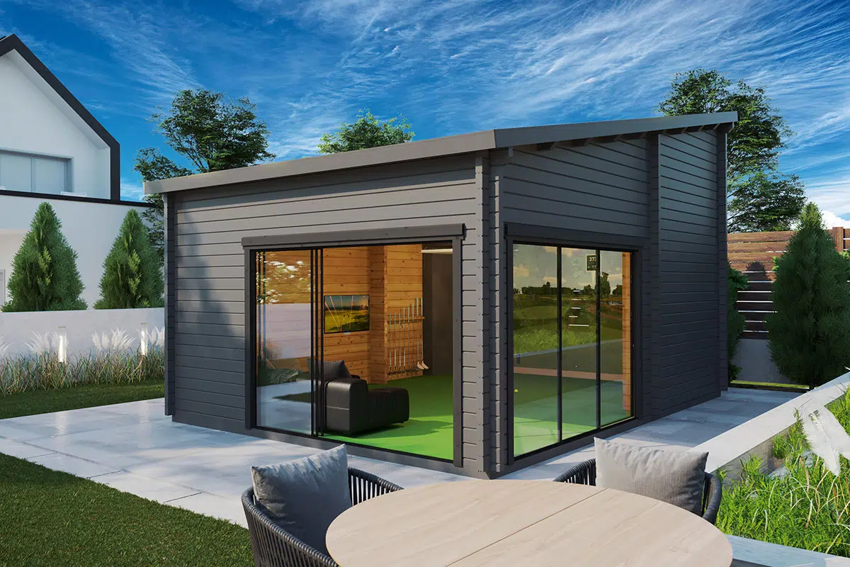 Modern wooden garden golf sim room - painted grey