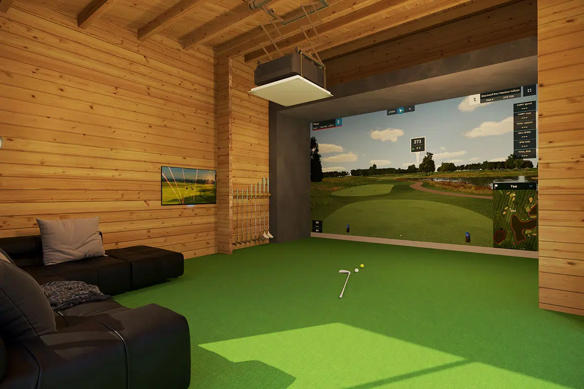 Modern wooden garden golf sim room - inside view