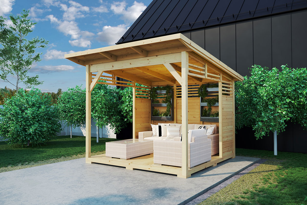 small flat glided roof modern pergola with sofa