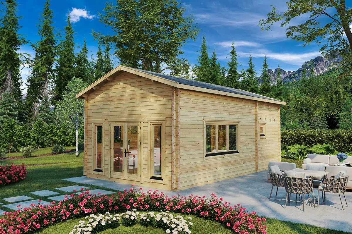 wooden house with sleeping loft front view