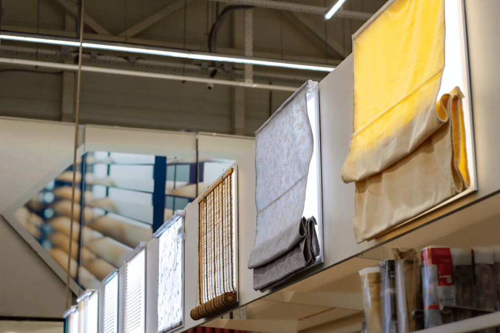 different blinds displayed in a shop