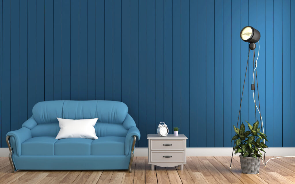 wooden summer house interior with blue accent wall