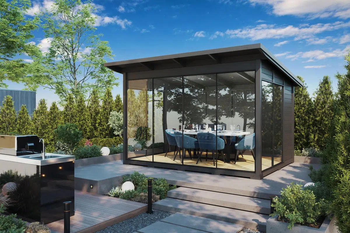 Modern grey garden room with glass wall