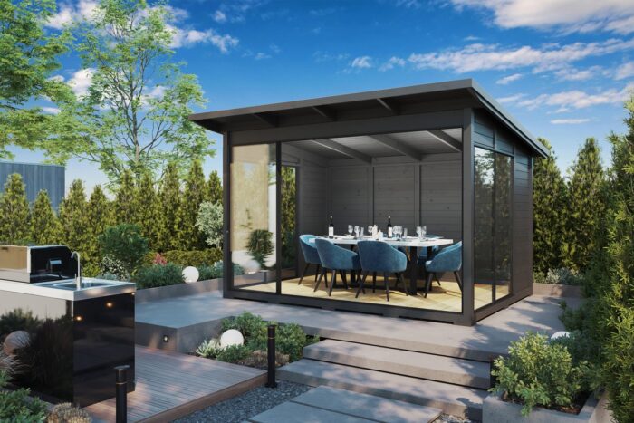Modern grey garden room with glass wall