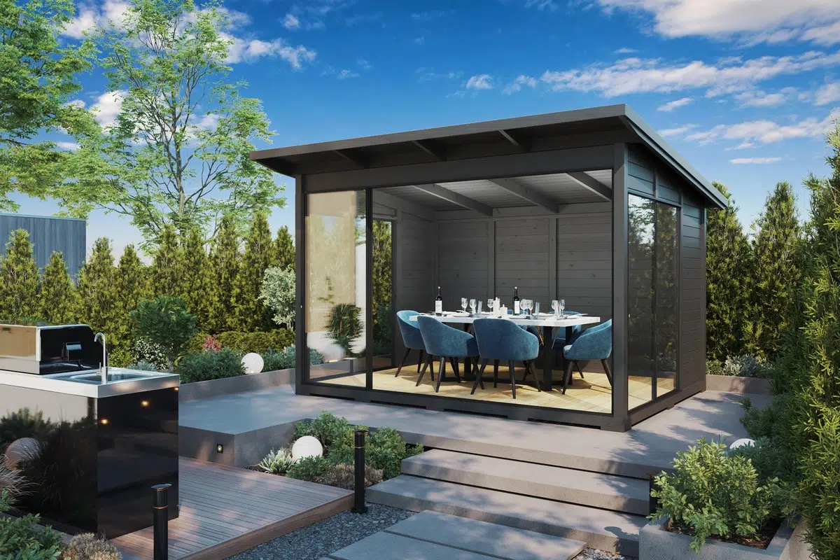 Modern grey garden room with glass wall