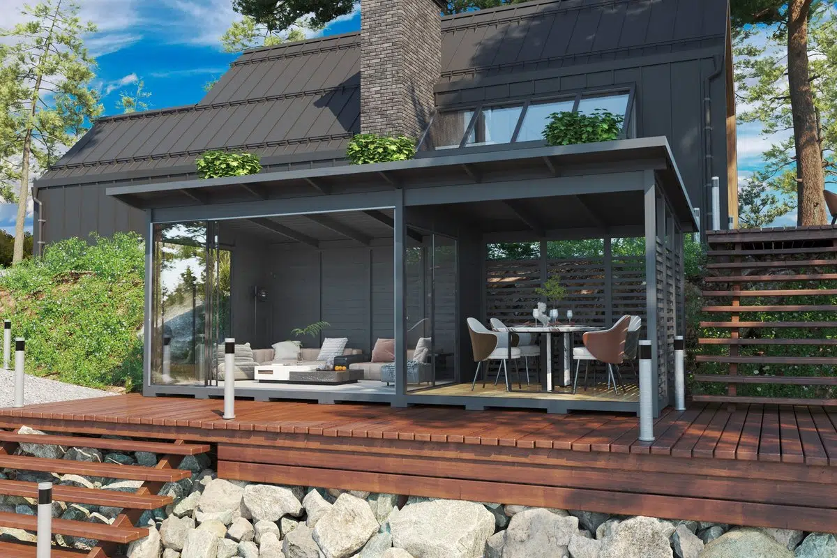 Modern grey garden house with glass wall and veranda