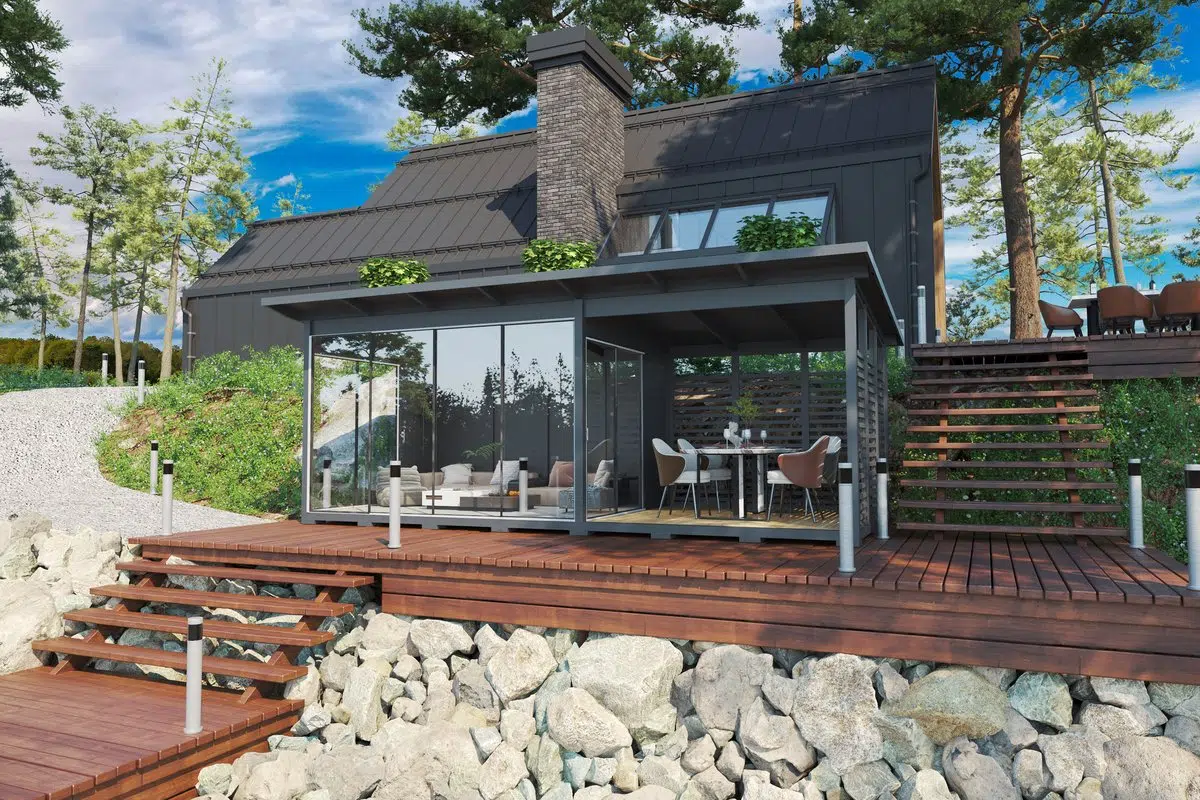 Modern grey garden house with glass wall and veranda
