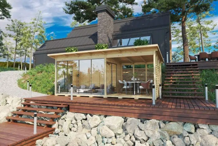 Modern garden house with glass wall and veranda