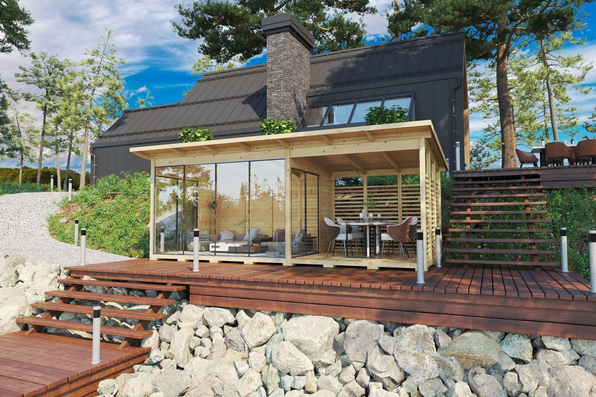 Modern garden house with glass wall and veranda