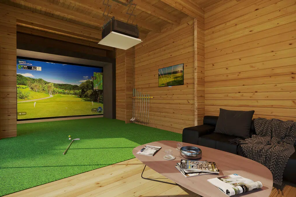 Large wooden golf sim cabin interior
