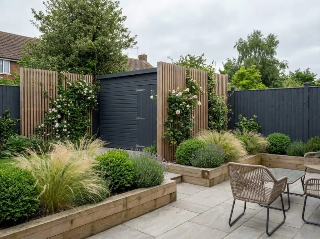 modern garden shed with screening in a landscaped garden