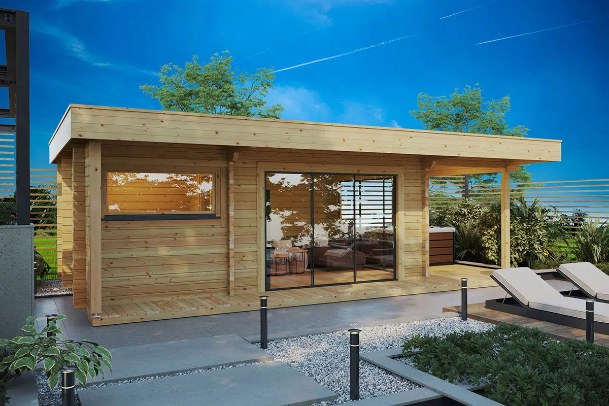 Modern wooden outdoor sauna building with terrace
