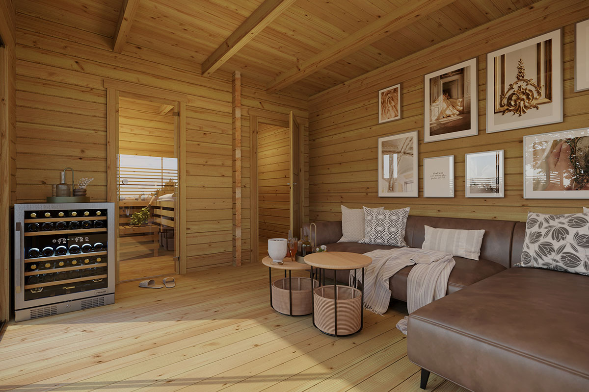 Modern wooden outdoor sauna building with terrace - interior