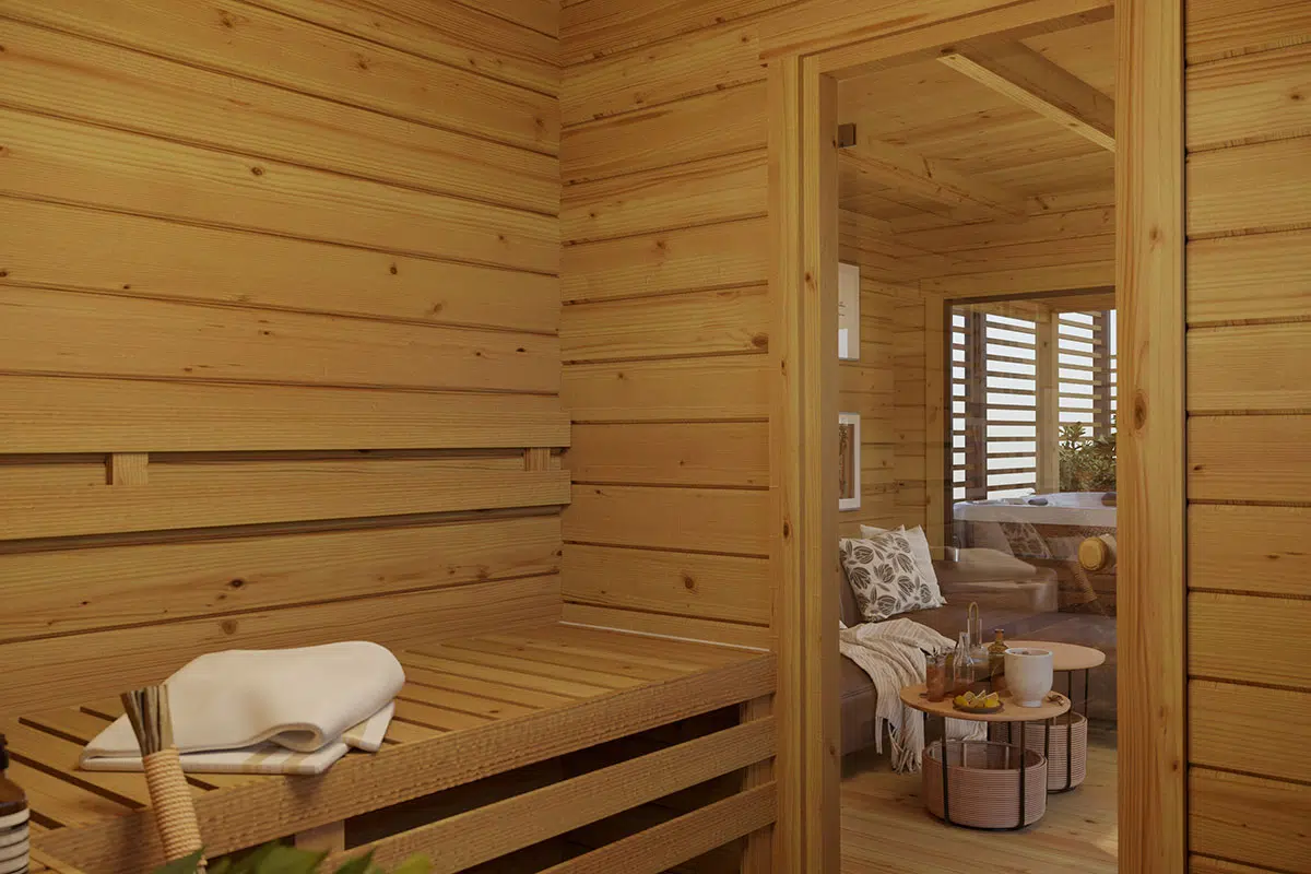 Modern wooden outdoor sauna building with terrace - interior, heating room