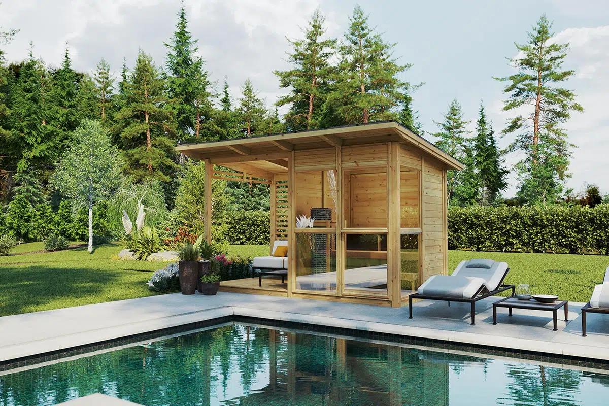 Small outdoor sauna with porch