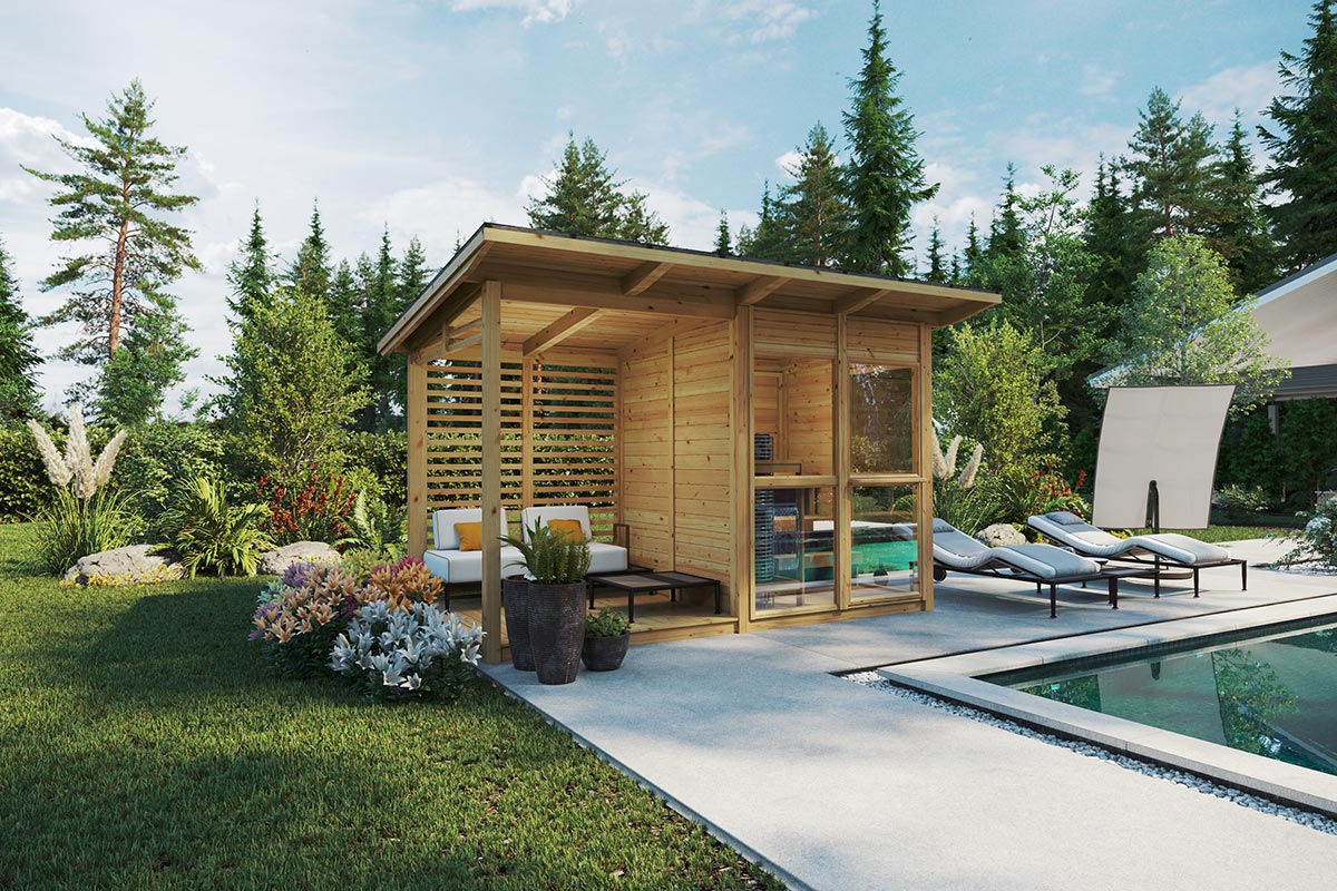 Small outdoor sauna with porch