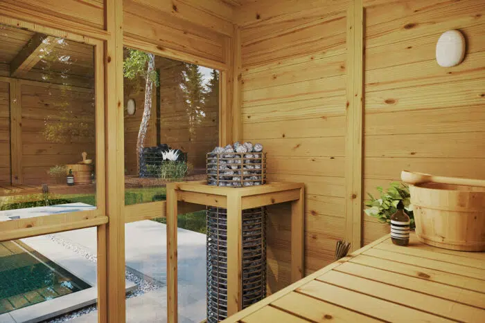 Small outdoor sauna with porch - interior - heating room