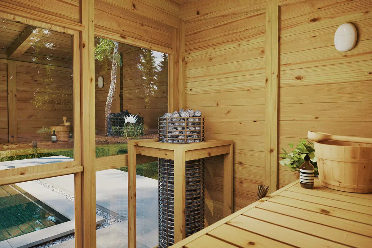 Small outdoor sauna with porch - interior - heating room