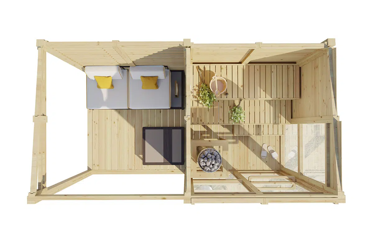 Small outdoor sauna with porch - top view