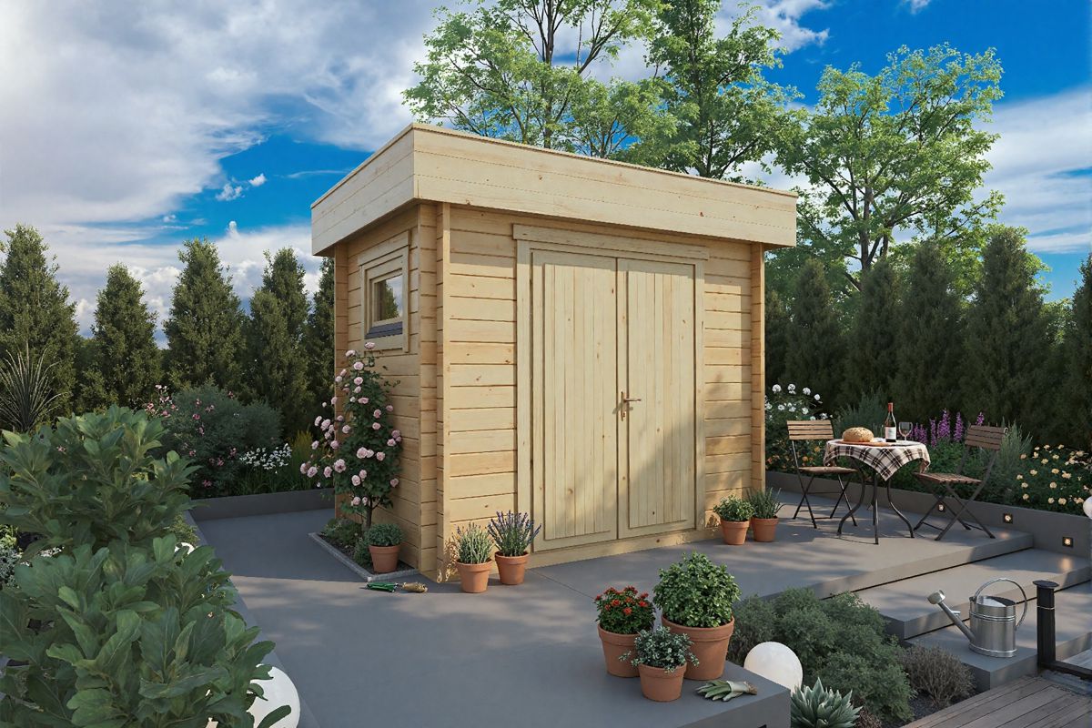 Small flat roof wooden storage shed